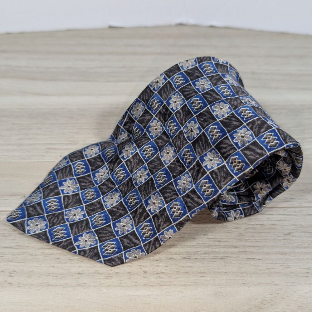 Honors Silk Tie Blue Gray Geometric Floral Made in USA Mens Necktie